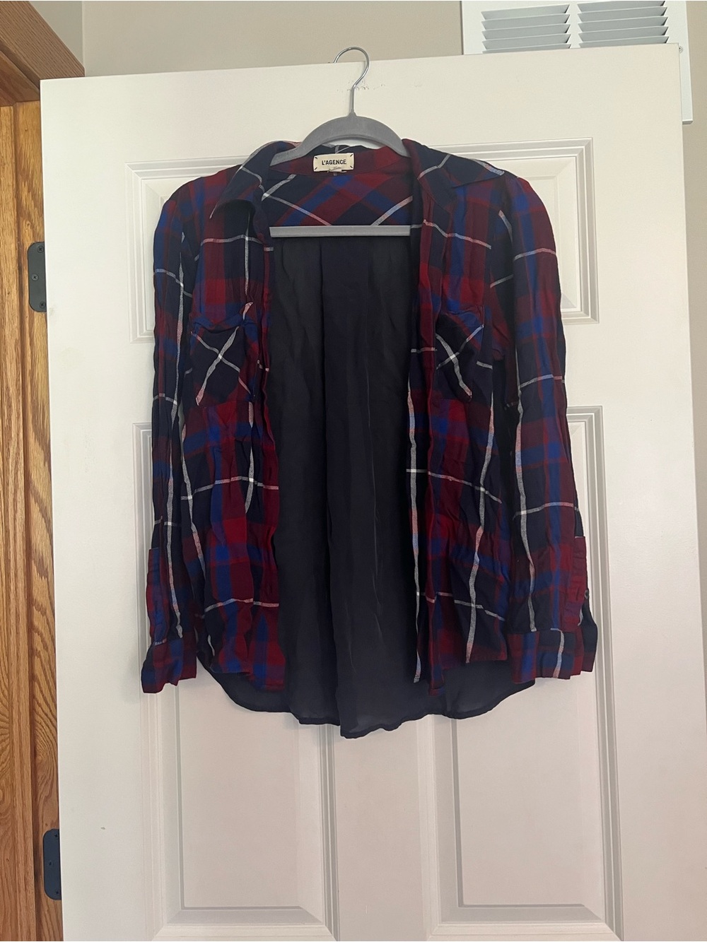 L'AGENCE Navy and Red Plaid Casual Button-Down Shirt